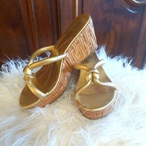 Kate Spade Metallic Gold leather bamboo wedge sandals
